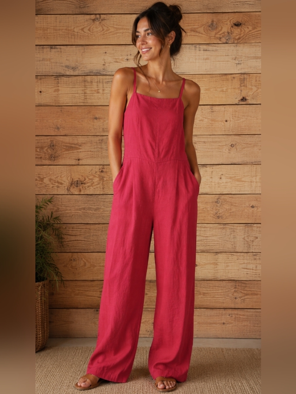Old Navy Linen Wide Leg Spaghetti-Strap Jumpsuit Romper With Pockets Size Medium